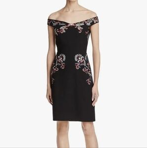 Parker black floral embroidered off shoulder dress